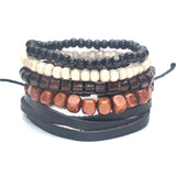 1 Set 5 pcs Black Out Bamboo wood, Lava Stone Beads , Skull and Pull-Closure Leather Bracelet Men's Fashion Bracelet Pack-BRACELETS-FOREVER KRN
