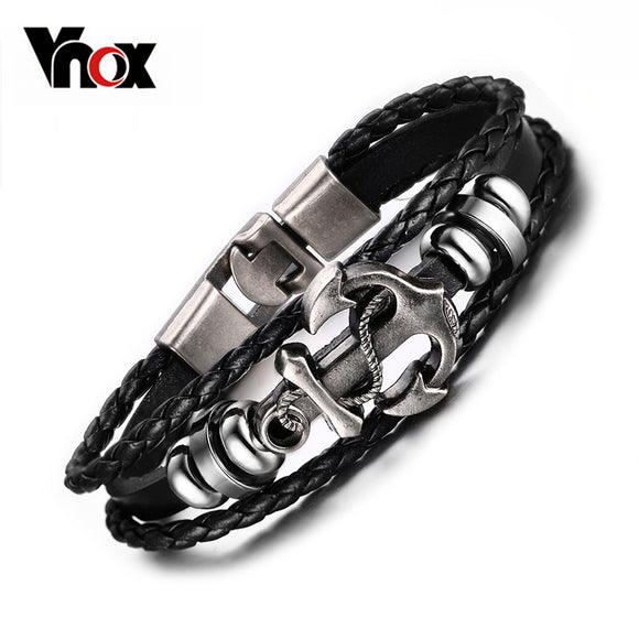 Vnox Vintage Anchor Bracelet Black Leather Charm Bracelets Men Jewelry Party Gift-FOREVER KRN