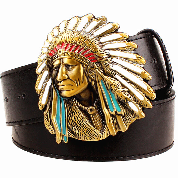 Fashion men belt west cowboy belt for men punk rock belts exaggerated style indian chief head Men's leather belt hip hop girdle