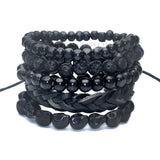 1 Set 5 pcs Black Out Bamboo wood, Lava Stone Beads , Skull and Pull-Closure Leather Bracelet Men's Fashion Bracelet Pack-BRACELETS-FOREVER KRN