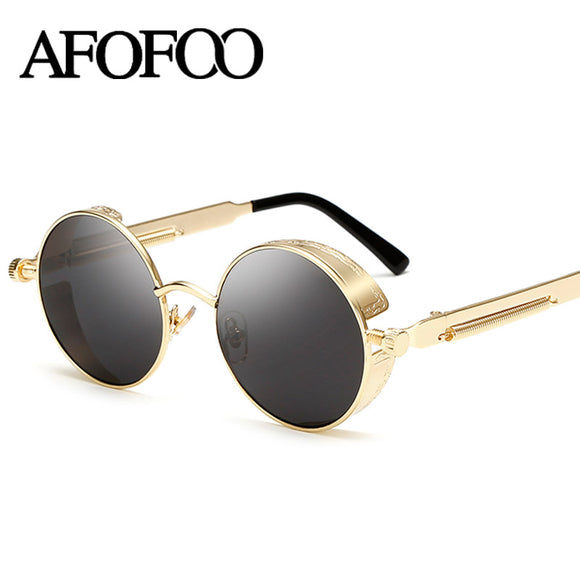 AFOFOO Gothic Steampunk Mens Sunglasses Vintage Metal Men Coating Mirror Sunglasses Women Round Sun glasses Retro UV400 Shades