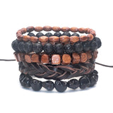 1 Set 5 pcs Black Out Bamboo wood, Lava Stone Beads , Skull and Pull-Closure Leather Bracelet Men's Fashion Bracelet Pack-BRACELETS-FOREVER KRN