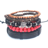 1 Set 5 pcs Black Out Bamboo wood, Lava Stone Beads , Skull and Pull-Closure Leather Bracelet Men's Fashion Bracelet Pack-BRACELETS-FOREVER KRN