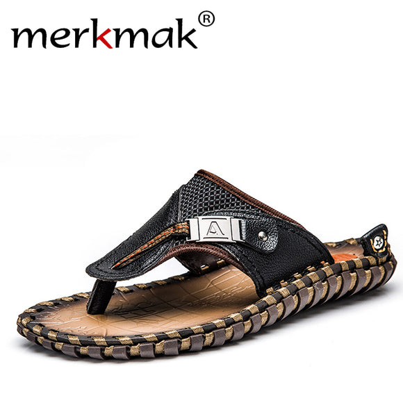 Merkmak Luxury Brand 2017 New Men's Flip Flops Genuine Leather Slippers Summer Fashion Beach Sandals Shoes For Men Big Size 45-SANDALS-FOREVER KRN