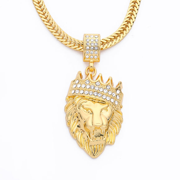 New Color Gold color Alloy 78cm Chain Men Lion Head Pendant Inlay Rhinestone Necklace HipHop Lion King Crown Franco Chain