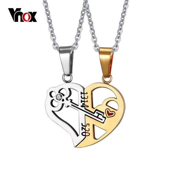 Vnox Key & Lock Heart Shape Necklace for Women Men Pendant Couple Necklaces Lover Friendship Jewelry 2pcs/ sets-FOREVER KRN