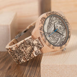 BOBOBIRD Tatto Print Wooden Watches Mens All Maple Wood Quartz Wristwatch in Wooden Box