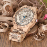 BOBOBIRD Tatto Print Wooden Watches Mens All Maple Wood Quartz Wristwatch in Wooden Box