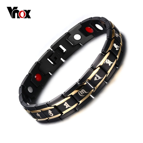 Vnox Health Men Bracelet Bangle 316L Stainless Steel Magnetic Care Jewelry Black Engraved Chinese Buddhism-BRACELETS-FOREVER KRN