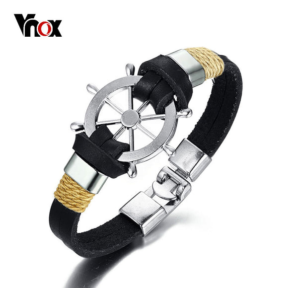 Vnox Rudder Design Men Bracelet Bangle Double Layer Leather Classic Vintage Daily Sport Sailing Jewelry-BRACELETS-FOREVER KRN