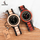 BOBO BIRD WO01O02 Wood Watch Ebony RedWood Pine Wooden Watches for Men Two-tone Wood Quartz Watch with Tool for Adjusting Size