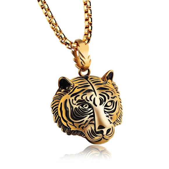 LINSOIR 2017 Gothic Punk Antique Gold/Black Plated Stainless Steel Tiger Necklace for men Hip Hop Animal Necklace Male Jewelry