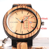 BOBO BIRD Antique Mens Zebra and Ebony Wood Watches with Date and Week Display Business Watch in Wooden Gift Box