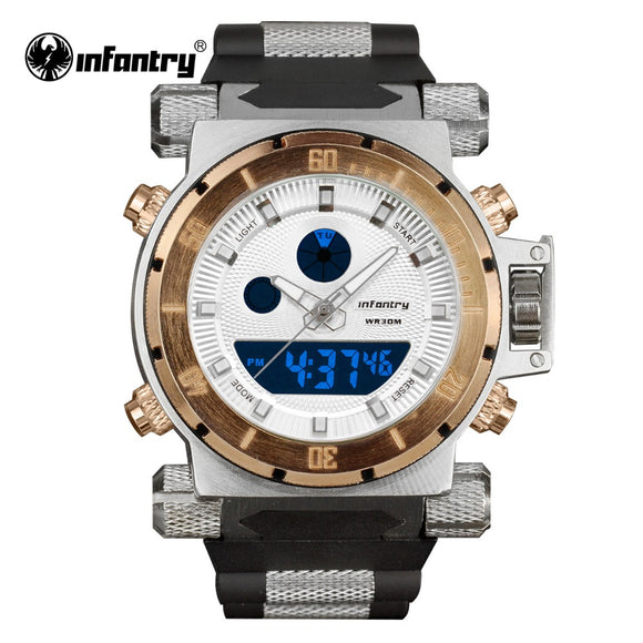 Luxury Brand INFANTRY Golden Watches Men Big Dial Quartz LED Digital Rubber Clock Sports Army Military Watches Relogio Masculino