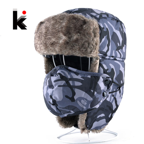 Winter Camo Bomber Hats For Men And Women Aviator Camouflage cap Trapper Thick Faux Fur Leifeng Hat With Earmuffs And Face Mask-camouflage cap CAMOUFLAGE CAP-FOREVER KRN