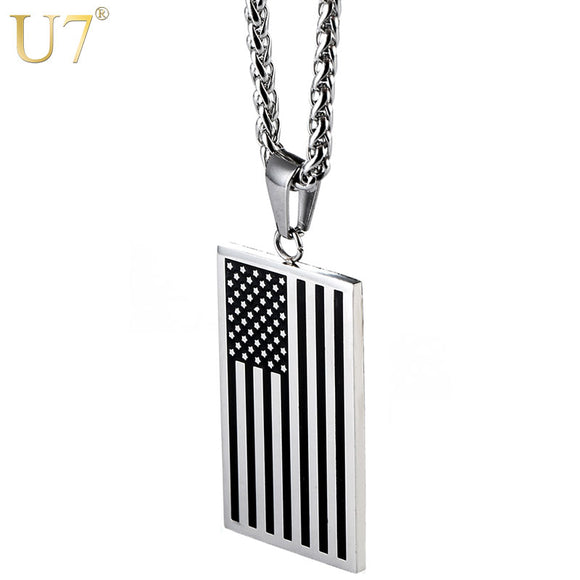 U7 American Flag,USA Patriot Freedom Stars and Stripes Dog Tag Pendant Necklace,Gift,Men Jewelry,Gold Color Stainless Steel,P72-COLLARES-FOREVER KRN