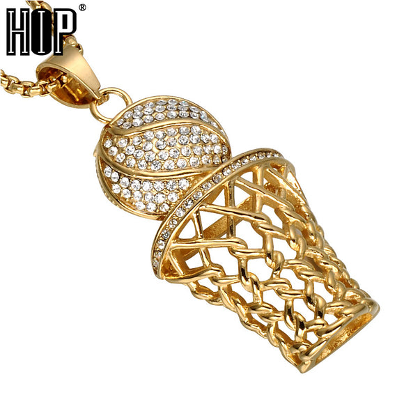 HIP Hop Iced Out Bling Full Rhinestone Men Basketball Pendants Necklaces Gold Stainless Steel Sports Necklace for Men Jewelry-COLLARES-FOREVER KRN