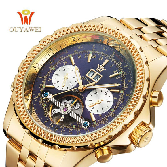 OUYAWEI Men Mechanical Watches Luxury Brand Automatic Gold Tourbillon Male Complete Calendar Clock Wrist Watch relogio masculino