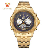 OUYAWEI Men Mechanical Watches Luxury Brand Automatic Gold Tourbillon Male Complete Calendar Clock Wrist Watch relogio masculino