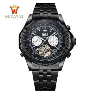 OUYAWEI Men Mechanical Watches Luxury Brand Automatic Gold Tourbillon Male Complete Calendar Clock Wrist Watch relogio masculino