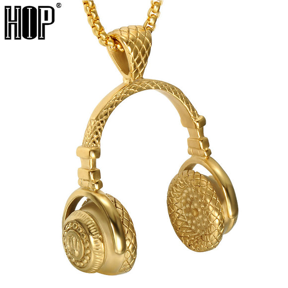 HIP Punk Gold Color Titanium Stainless Steel Sport Headset Music Carnival Headphones Pendants Necklaces for Men Jewelry-COLLARES-FOREVER KRN