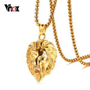 Vnox Punk Lion Head Pendant for Men Necklace Wild Tough Animal Shape Gold Color Stainless Steel Rocky Male Jewelry 24" Box Chain