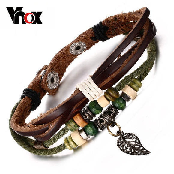 Vnox Brown Genuine Leather Bracelet Men's Bangle Stainless Steel Fashion Retro Charm Jewelry for Women