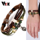 Vnox Brown Genuine Leather Bracelet Men's Bangle Stainless Steel Fashion Retro Charm Jewelry for Women