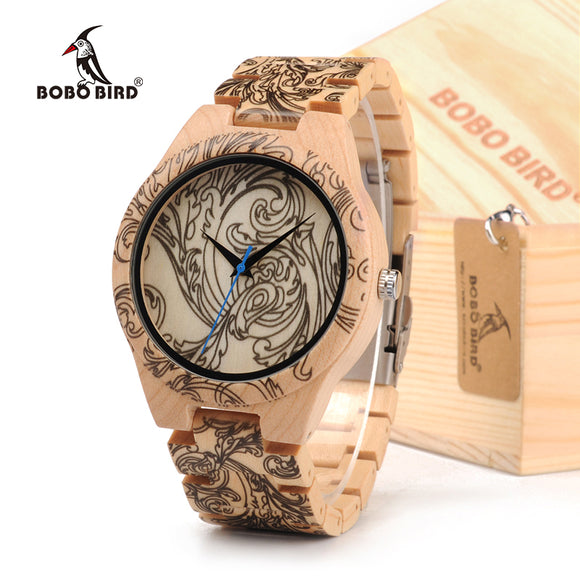 BOBOBIRD Tatto Print Wooden Watches Mens All Maple Wood Quartz Wristwatch in Wooden Box