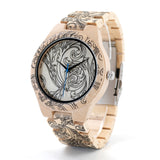 BOBOBIRD Tatto Print Wooden Watches Mens All Maple Wood Quartz Wristwatch in Wooden Box