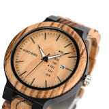 BOBO BIRD Antique Mens Zebra and Ebony Wood Watches with Date and Week Display Business Watch in Wooden Gift Box