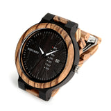 BOBO BIRD Antique Mens Zebra and Ebony Wood Watches with Date and Week Display Business Watch in Wooden Gift Box