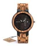 BOBO BIRD Antique Mens Zebra and Ebony Wood Watches with Date and Week Display Business Watch in Wooden Gift Box