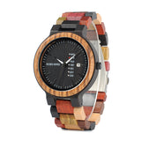 BOBO BIRD P14 Antique Mens Wood Watches Date and Week Display Business Watch with Unique Mixed Color Wooden Band