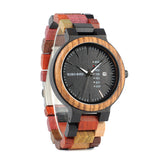 BOBO BIRD P14 Antique Mens Wood Watches Date and Week Display Business Watch with Unique Mixed Color Wooden Band