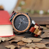 BOBO BIRD P14 Antique Mens Wood Watches Date and Week Display Business Watch with Unique Mixed Color Wooden Band