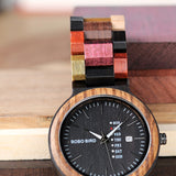 BOBO BIRD P14 Antique Mens Wood Watches Date and Week Display Business Watch with Unique Mixed Color Wooden Band