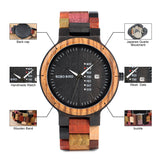 BOBO BIRD P14 Antique Mens Wood Watches Date and Week Display Business Watch with Unique Mixed Color Wooden Band