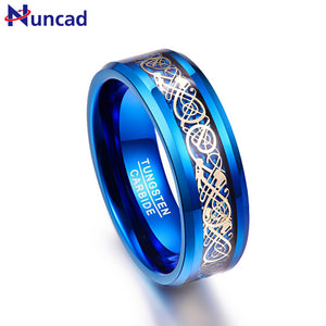 Nuncad Men's 8mm Blue Tungsten Carbide Wedding Band Rings Gold Celtic Dragon Blue Carbon Fiber Beveled Edge-ANILLOS-FOREVER KRN