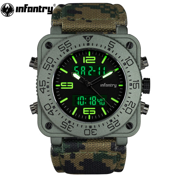 INFANTRY Mens Quartz-watches Military Army Digital Sport Watches Camouflage Leather Square Watches Dual Core Relogios Masculinos