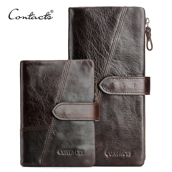 CONTACT'S Genuine Crazy Horse Cowhide Leather Men Wallets Fashion Purse With Card Holder Vintage Long Wallet Clutch Wrist Bag-BILLETERAS-FOREVER KRN