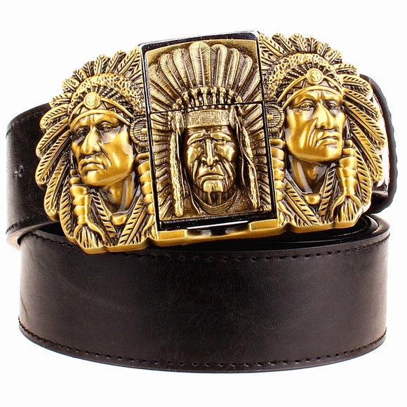 Fashion male leather belt lighter metal buckle belts Kerosene lighter belt punk rock style indians eagle show belt gift for men